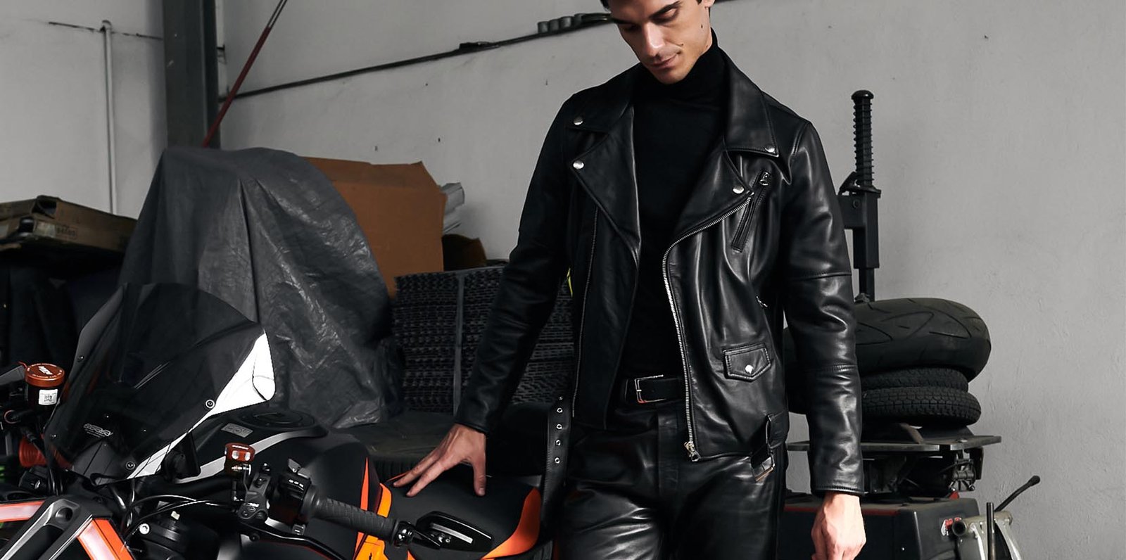 Men Biker Style Black Leather Jacket