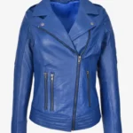 Azure Rebel Women's Blue Leather Biker Jacket with Cross Zip Design