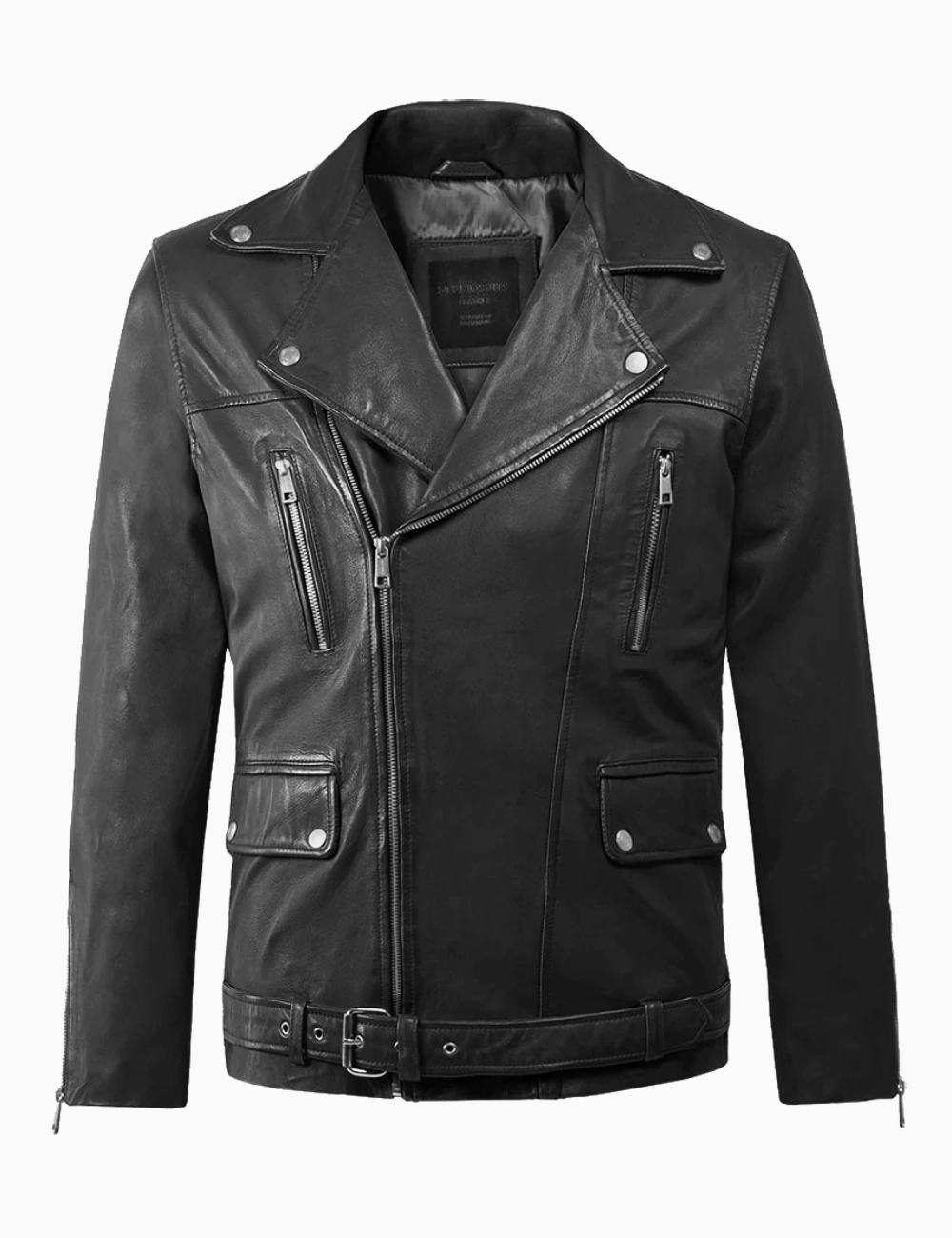 Black Rover Moto Leather Jacket Sleek Lapel Collar 1