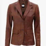 Chestnut Charm Two-Button Leather Blazer – Timeless Brown Jacket
