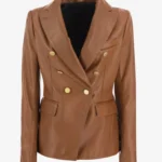 Cognac Charm Double-Breasted Leather Blazer – Women's Signature Style
