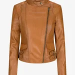 Cognac Luxe Women's Brown Leather Biker Jacket – Sleek Tan Edition