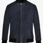 Deep Blue Luxe Suede Leather Bomber Jacket