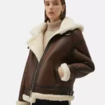 Espresso Shearling Women's Leather Jacket with White Fur