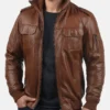 Golden Brown Biker Bomber Jacket - Real Leather with Ribbed Cuffs (1)
