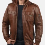 Golden Brown Biker Bomber Leather Jacket
