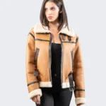 Golden Horizon Women's Shearling B3 Tan Biker Leather Jacket