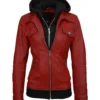 Inferno Rider Women's Trucker Leather Biker Jacket with Removable Hood (1)
