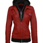 Inferno Rider Women's Trucker Leather Biker Jacket with Removable Hood