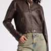 Ironcrest Women's Brown Leather Moto Jacket Contemporary Biker Style 4