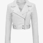 Lustro Luxe Women's White Cropped Leather Moto Jacket