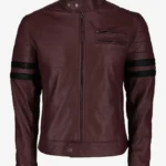 Maroon Biker Leather Jacket with Sleek Black Stripes