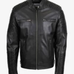 Men’s Black Ribbed Luxe Leather Moto Jacket – Stylish Biker Look