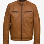 Men’s Distressed Tan Leather Biker Jacket – Classic Moto Style with Vintage Finish
