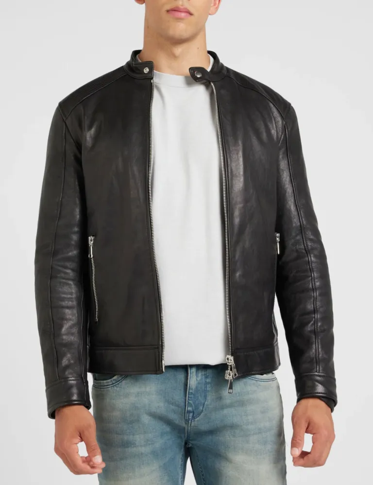 Midnight Urban Rebel Black Leather Jacket Sleek Stand Collar Design 2