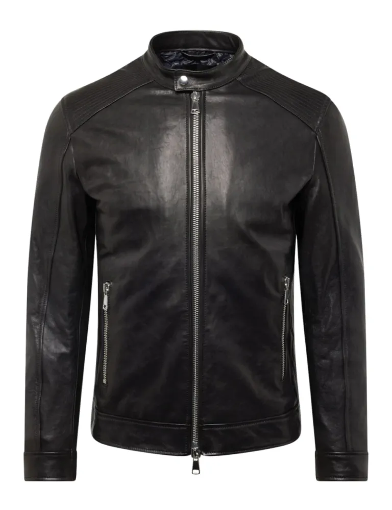 Midnight Urban Rebel Black Leather Jacket Sleek Stand Collar Design 4