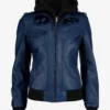Neon Drift Women's Blue Leather Biker Jacket with Removable Hood (2)
