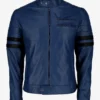 Oceanic Blue Racer Biker Leather Jacket with Bold Black Stripes (1)