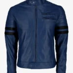 Oceanic Blue Racer Biker Leather Jacket with Bold Black Stripes