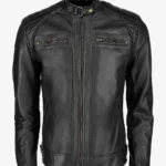 Quilted Shoulder Classic Black Biker Leather Jacket