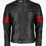 Red Strike Black Biker Jacket for Men – Bold Red Stripe