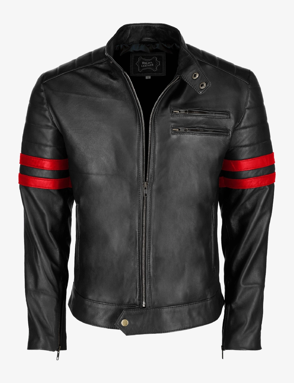 Red Strike Black Biker Jacket for Men Bold Red Stripe 2