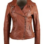 Rustic Rider Dark Cognac Leather Biker Jacket for Women