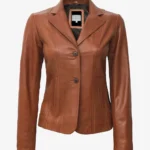 Sahara Glow Women's Two-Button Tan Leather Blazer – Classic Chic Jacket