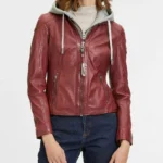 Scarlet Ember Grey Hood Leather Jacket