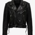 Shadow Raider Black Leather Biker Jacket – Cropped Moto Style with Lace-Up Detailing