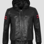 Shadow Veil Hooded Biker Leather Jacket With Red Stripe