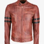 Stealth Brown Racer Biker Leather Jacket with Striking Black Stripes