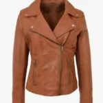 Tan Rebel Luxe Women's Leather Cross-Zip Biker Jacket
