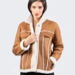 Vintage Sand Suede Shearling Trim Women's Leather Jacket