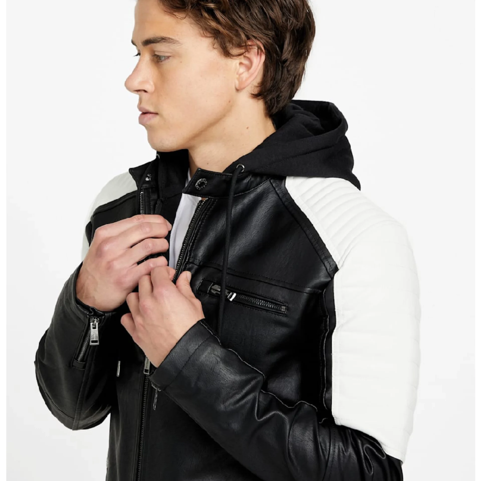 Vortexion Black & White Hooded Moto Leather Jacket (2)