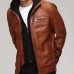 Whiskey Rider Leather Bomber Jacket with Detachable Hood