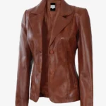 Mocha Allure Women's Two-Button Leather Blazer – Dark Cognac Brown