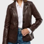 Cognac Ember Luxe Blazer – Women's Real Leather Jacket