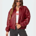 Crimson Rebel Faux Leather Bomber – Women's Oversized Biker Jacket