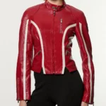 Redline Bolt High-Collar Leather Biker Jacket with Contrast White Racing Stripes