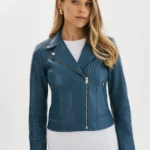 SlateBlue Racer | Leather Biker Jacket with Champagne Hardware