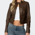 Urban Ember Cropped Leather Biker Jacket – Brown Edition