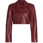 Burgundy Edge Women's Cropped Leather Biker Jacket