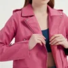 CandyTrail Women’s Pink Crop Zipper Leather Biker Jacket (2)