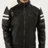 Frostcore Men Black Striped Quilted Shoulder Leather Jacket (5)