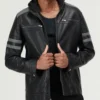 Grayline Hooded Striped Biker Leather Jacket Men’s Black Moto Style 1