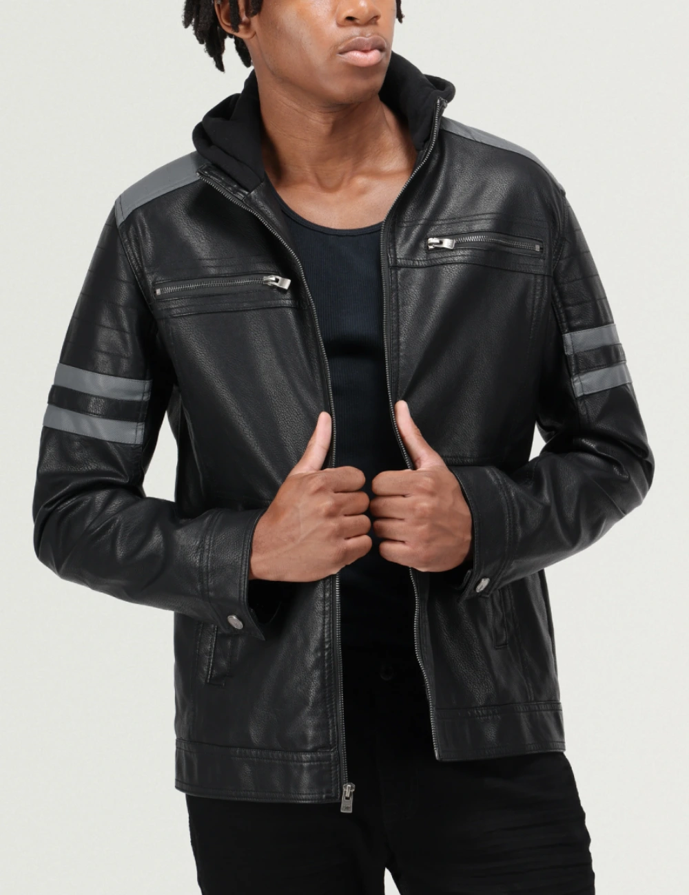 Grayline Hooded Striped Biker Leather Jacket Men’s Black Moto Style 1