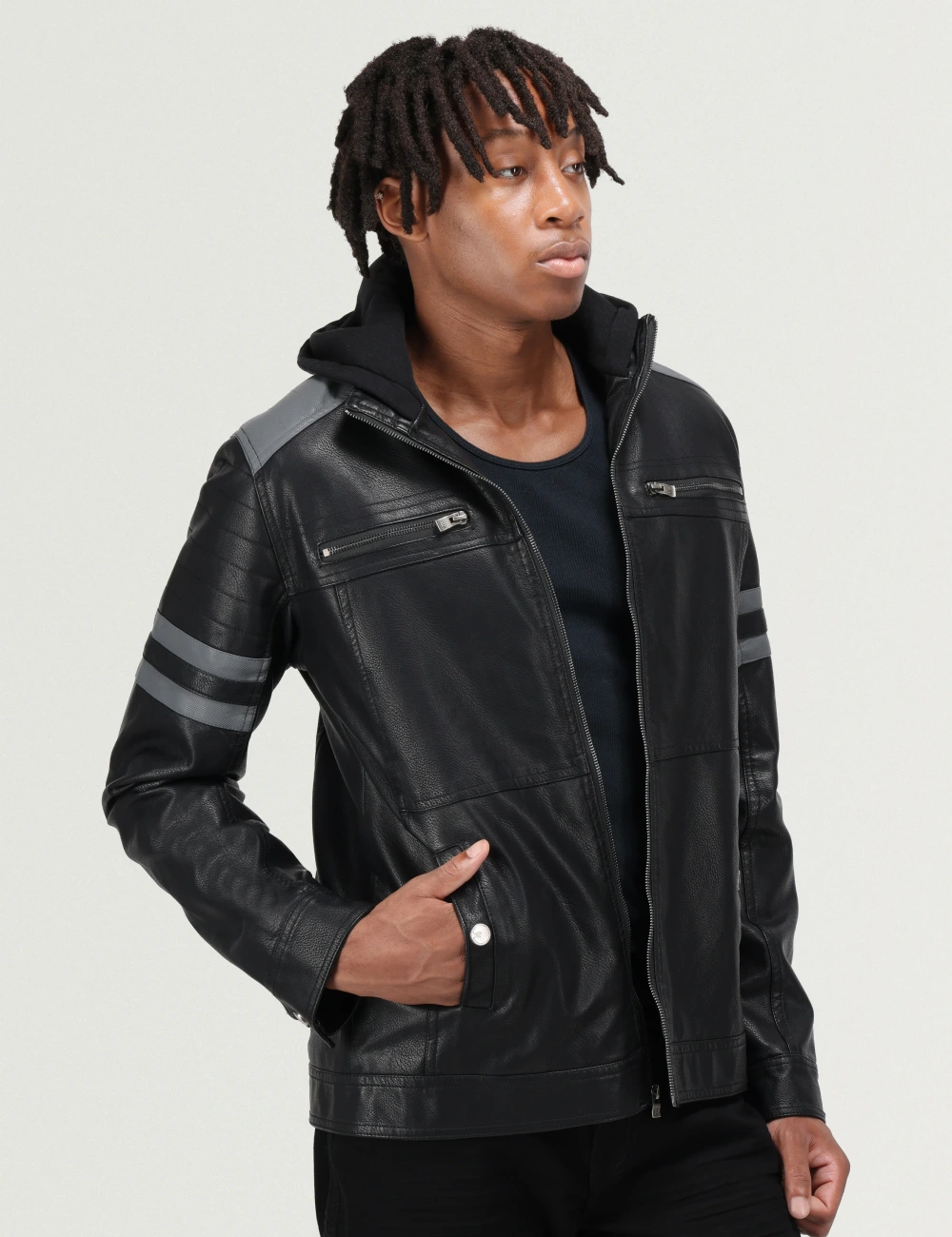 Grayline Hooded Striped Biker Leather Jacket Men’s Black Moto Style 5