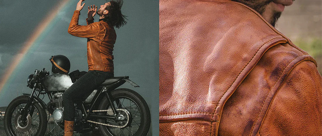 Men Wear a biker tan color leather jacket