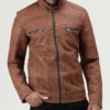 Mens Cafe racer hooded tan leather jacket (4)